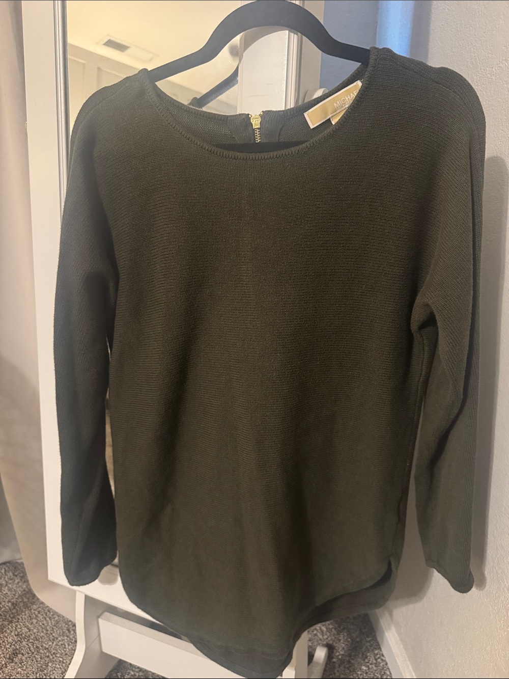 Michael Kors Olive Scoop Neck Knit Sweater with Back Zip